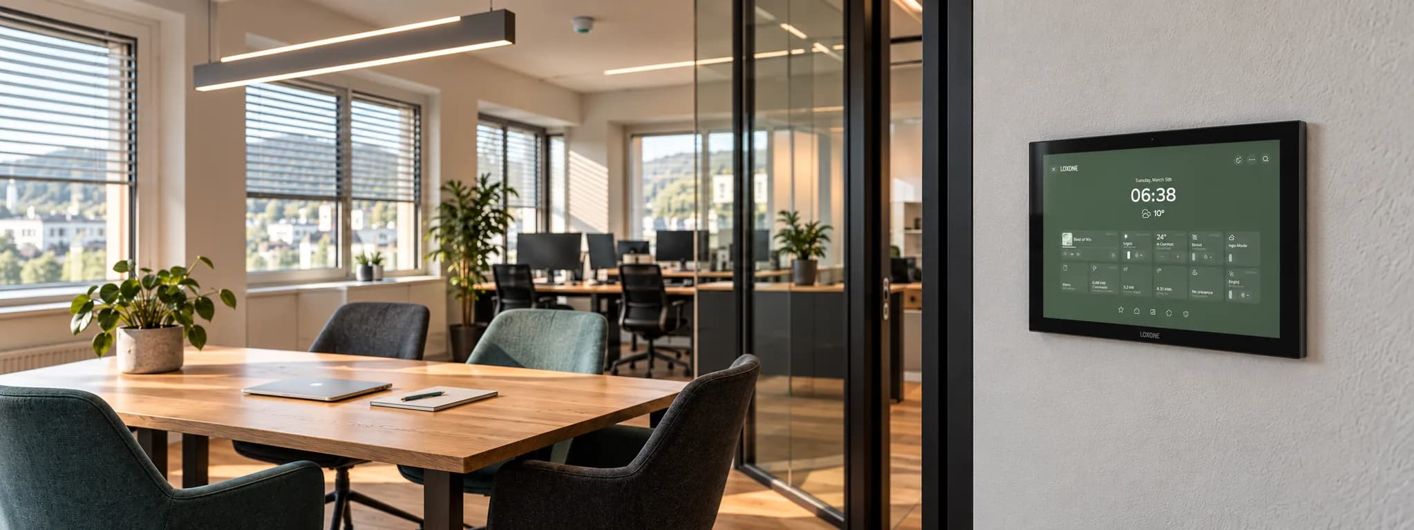 Besprechungstisch in einem hellen Büro, an der Wand ein Loxone Touch